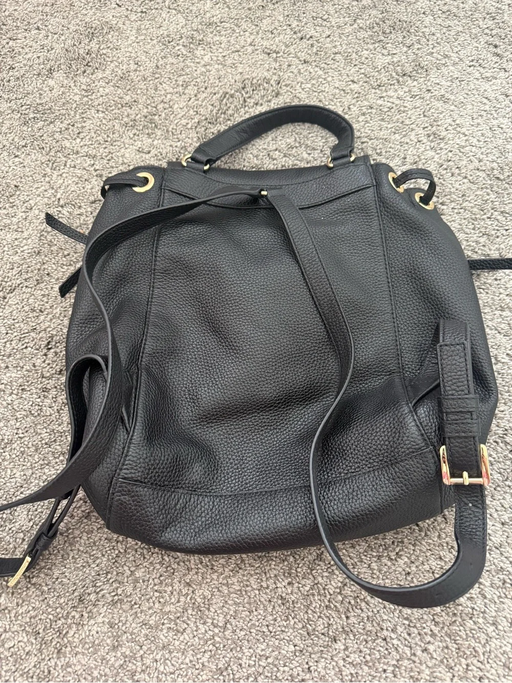 Michael Kors Black Pebbled Leather Drawstring Backpack with Gold Hardware